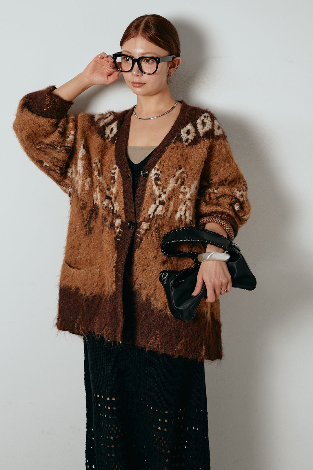 [SET]シャギーニュアンス柄ニットカーディガン+裾透かし編みキャミソールニットワンピース(2set)