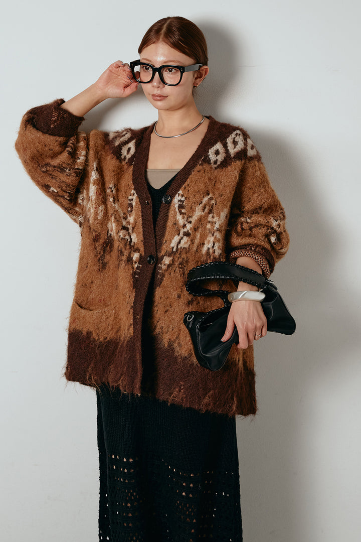 [SET]シャギーニュアンス柄ニットカーディガン+裾透かし編みキャミソールニットワンピース(2set)