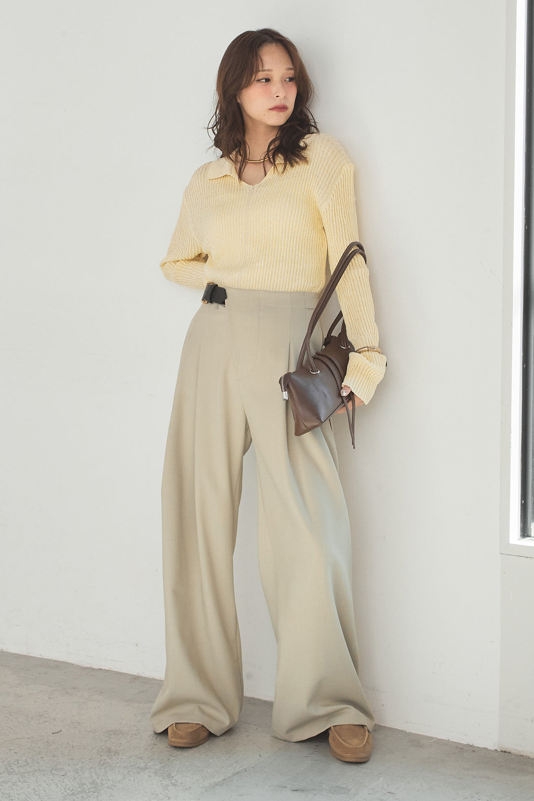 [SET]衿付きニットプルオーバー+サイドベルトタック入りスラックス(2set)