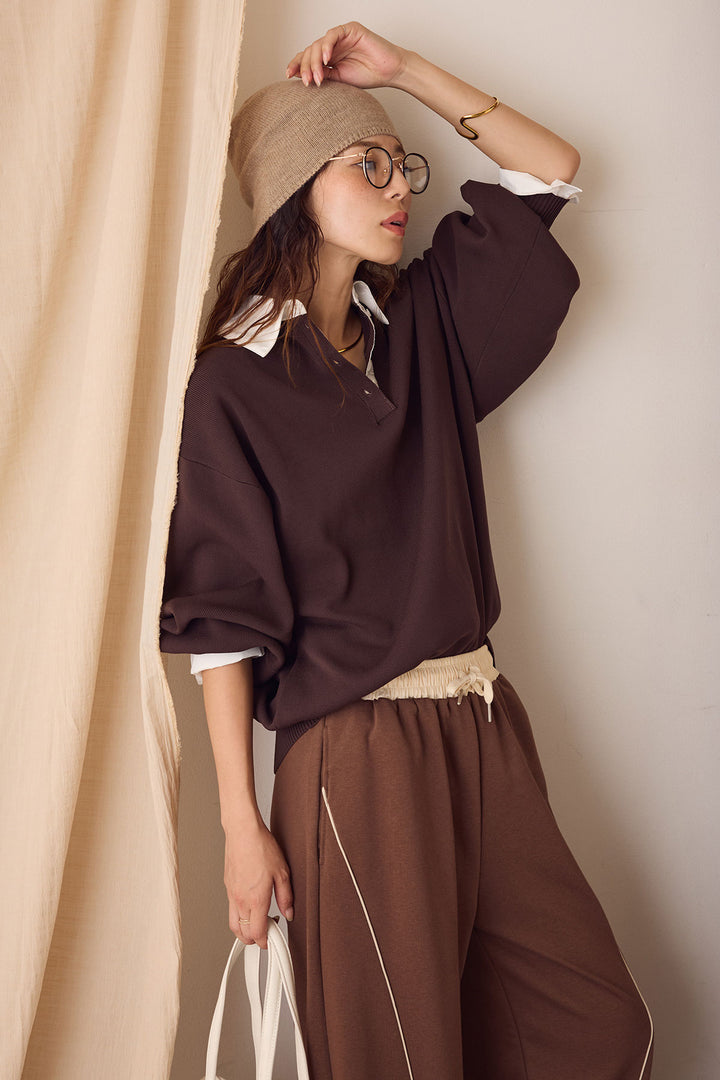 【即納】襟付きポロトップス/ブラウン