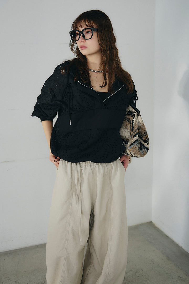 [SET]レースハーフジップアップフーディー+フェイクレザーカーブワイドパンツ(2set)