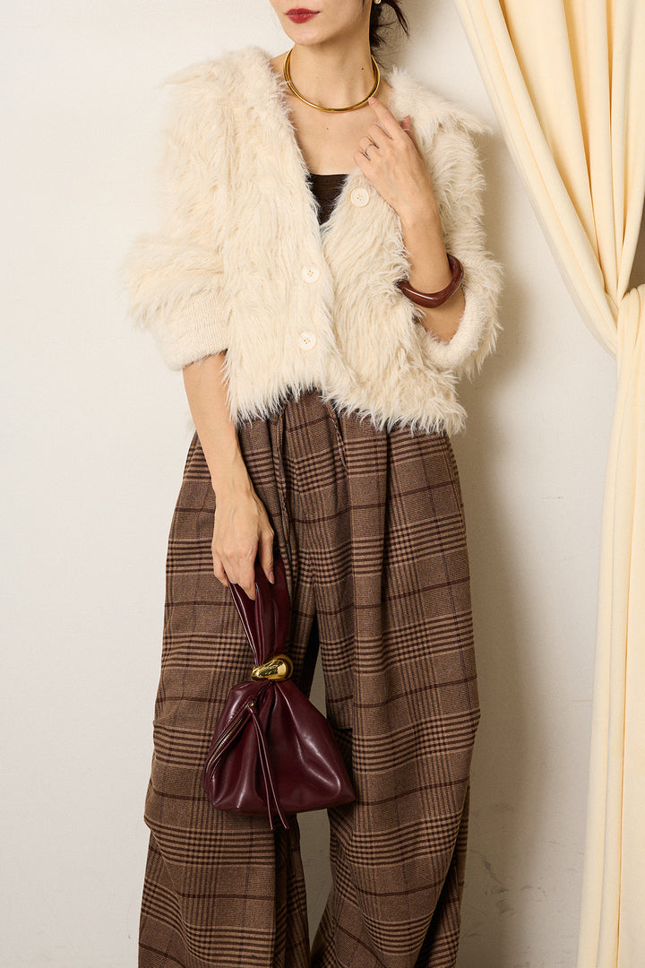 [SET]襟付きシャギーニットカーディガン+グレンチェックルーズタックパンツ(2set)