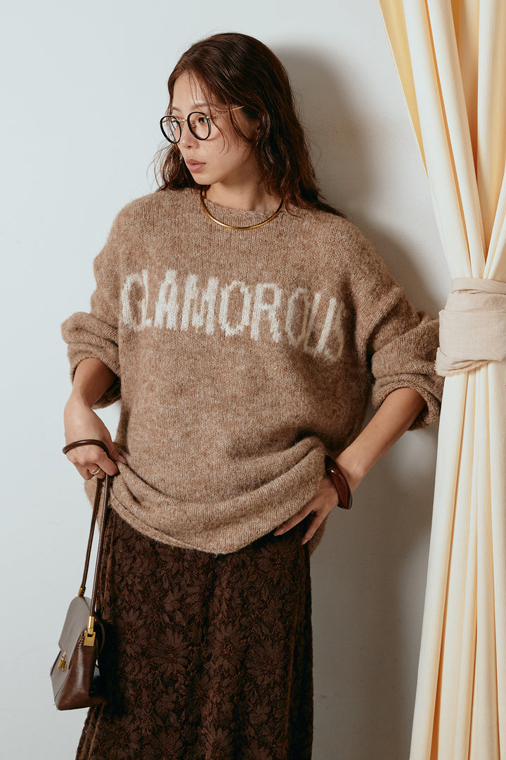 [SET]フロントロゴデザインニットトップス+花柄刺繍ベロアフレアスカート(2set)