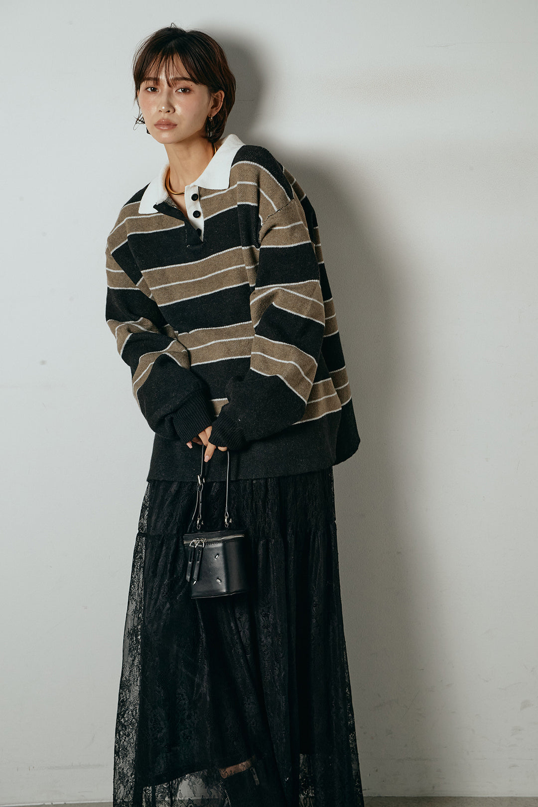 [SET]ラガーニットボーダーポロプルオーバー+ひげレース切替ロング丈スカート(2set)