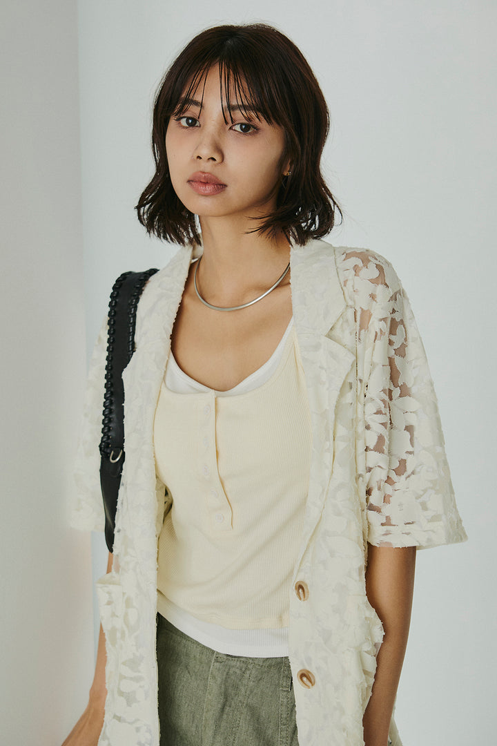 [SET]シアージャガードハーフスリーブテーラードジャケット+配色ヘンリーネックタンクトップ(2set)