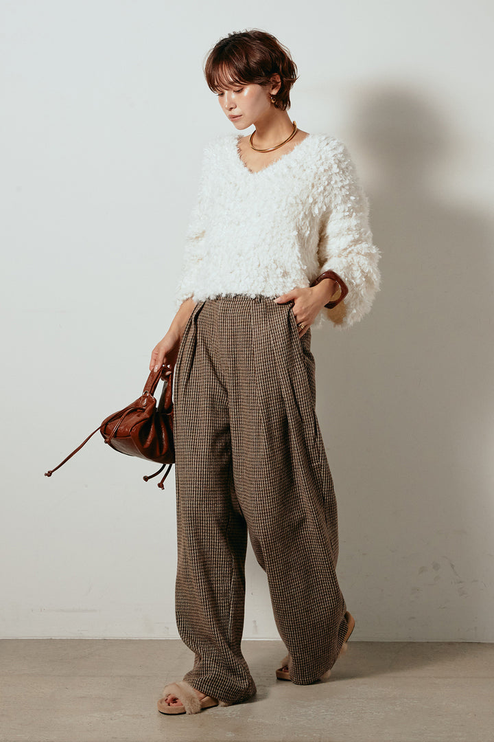 [SET]深Vネックチョウチョヤーンニットトップス+ガンクラブチェックタックパンツ(2set)