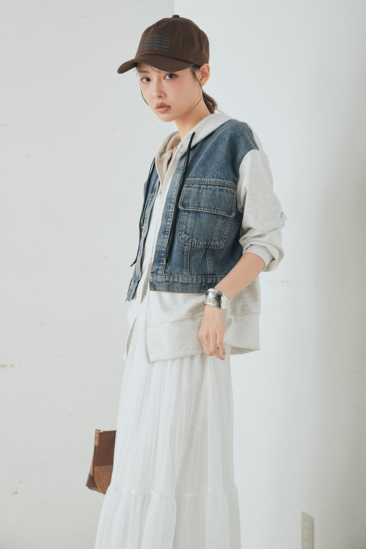[SET]デニム切替ポンチダブルジップパーカー+ボリュームシルエットチュールスカート(2set)