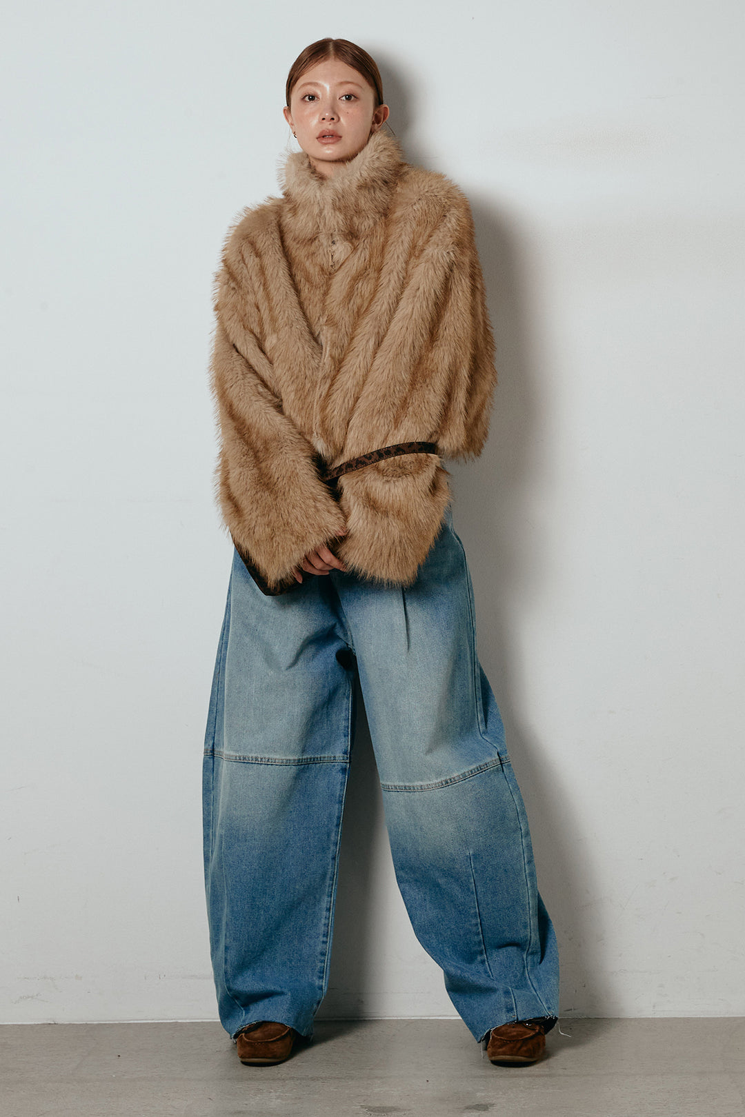 [SET]エコファーショート丈ブルゾン+加工デニムタックコクーンワイドパンツ(2set)