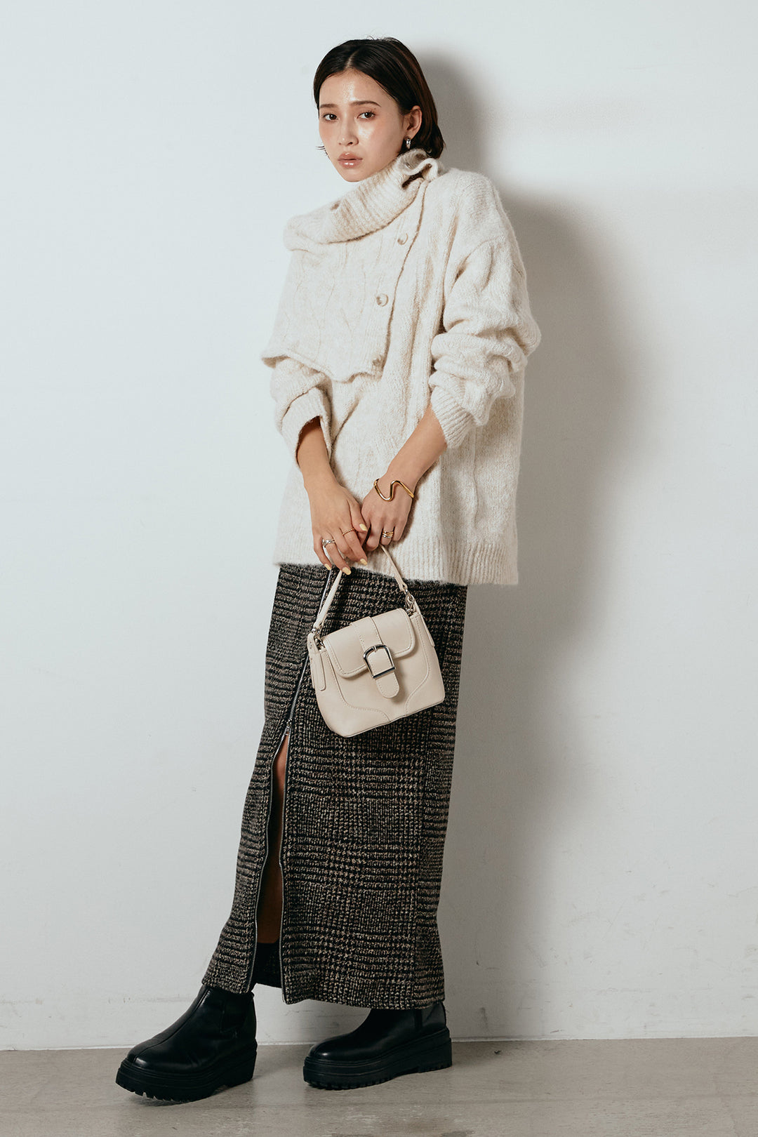 [SET]ケープデザインケーブルニットトップス+グレンチェック柄フロントジップタイトスカート(2set)