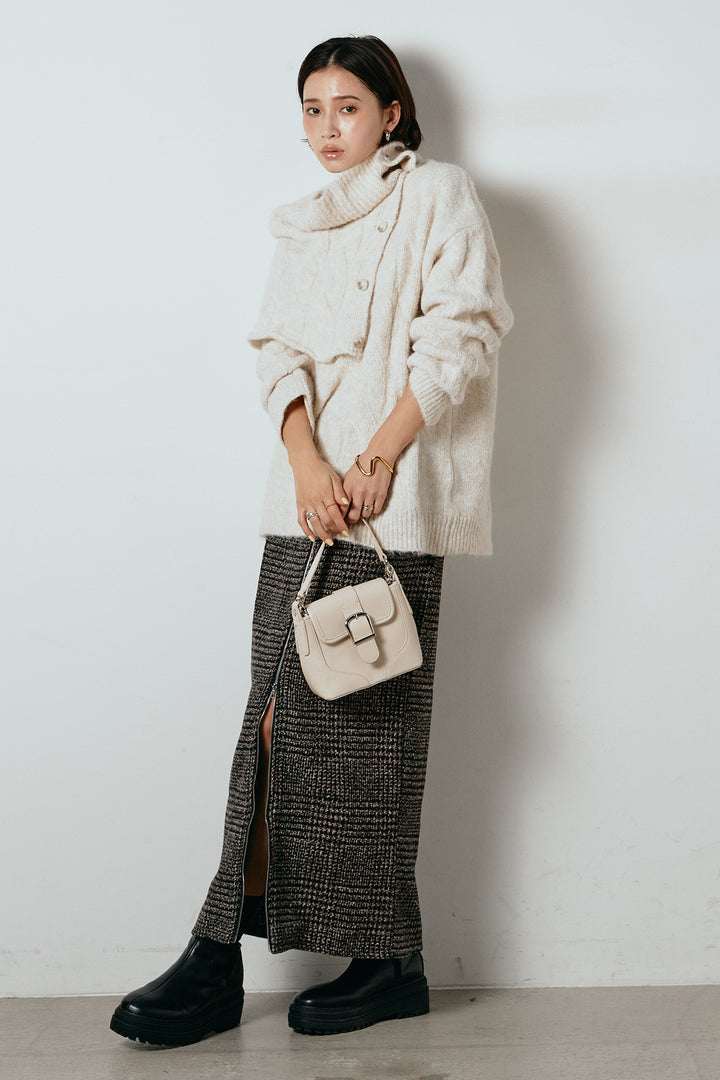 [SET]ケープデザインケーブルニットトップス+グレンチェック柄フロントジップタイトスカート(2set)