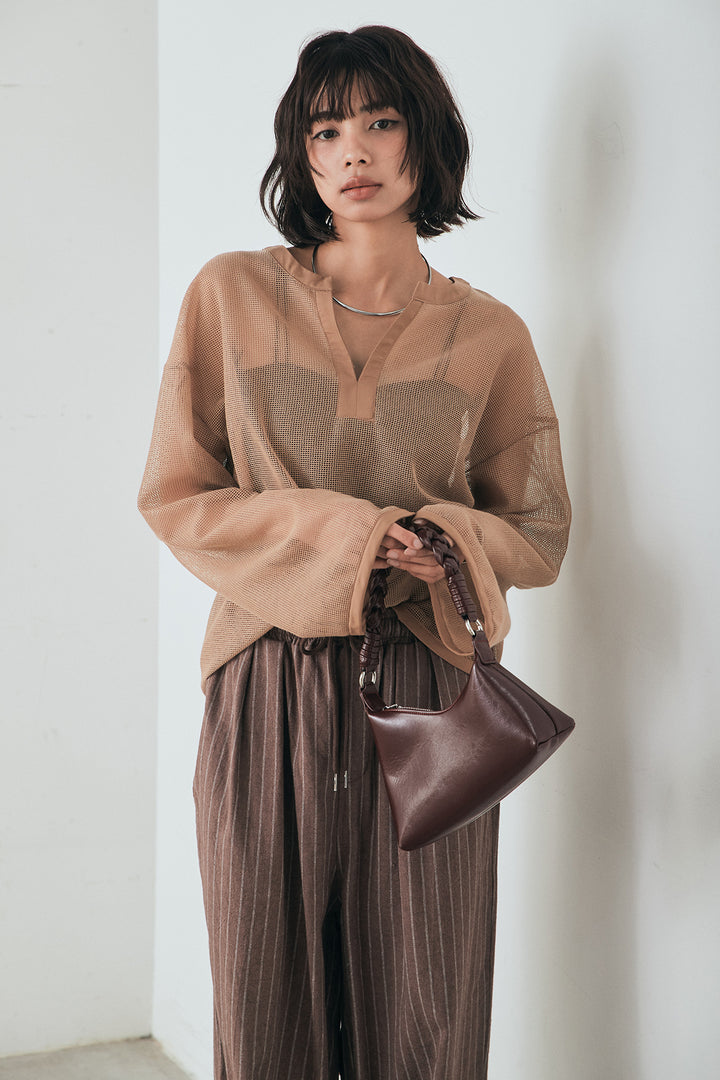 [SET]メッシュカットソースキッパープルオーバー+リネンライクストライプタックイージーパンツ(2set)