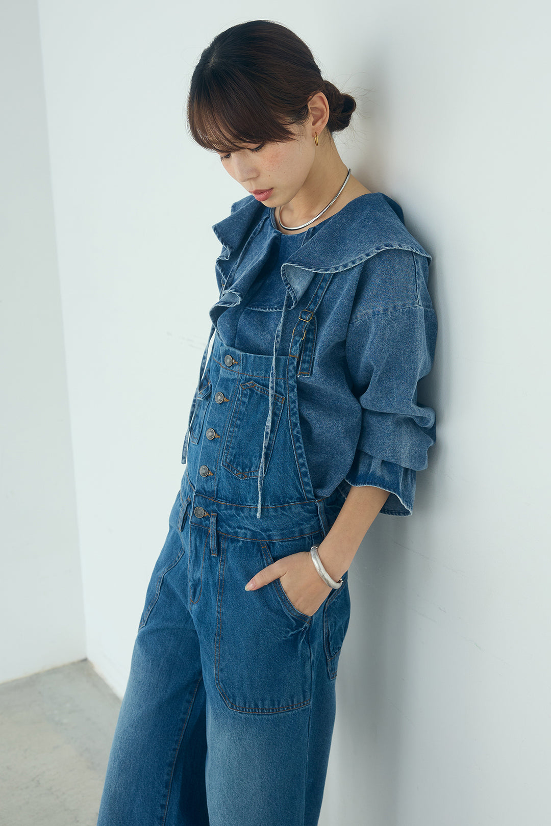 [SET]デニムフリルブラウス+デニムサロペットワイドパンツ(2set)
