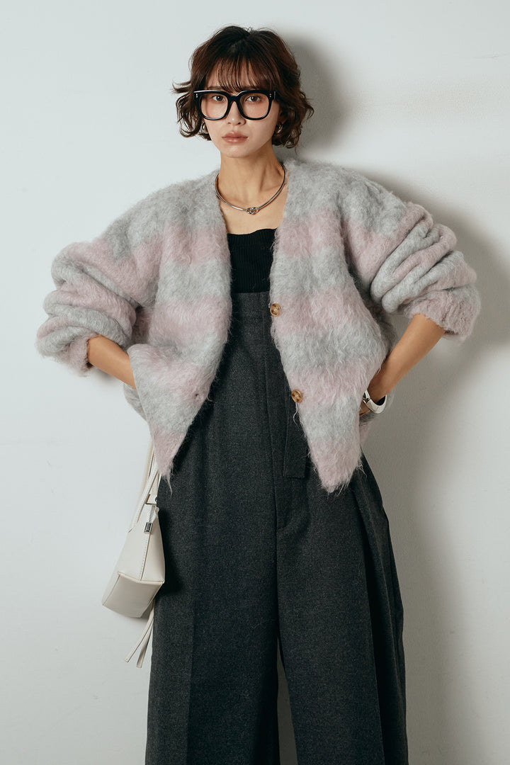 [SET]シャギーボーダー柄ニットカーディガン+ウール混フランネルワイドサロペット(2set)