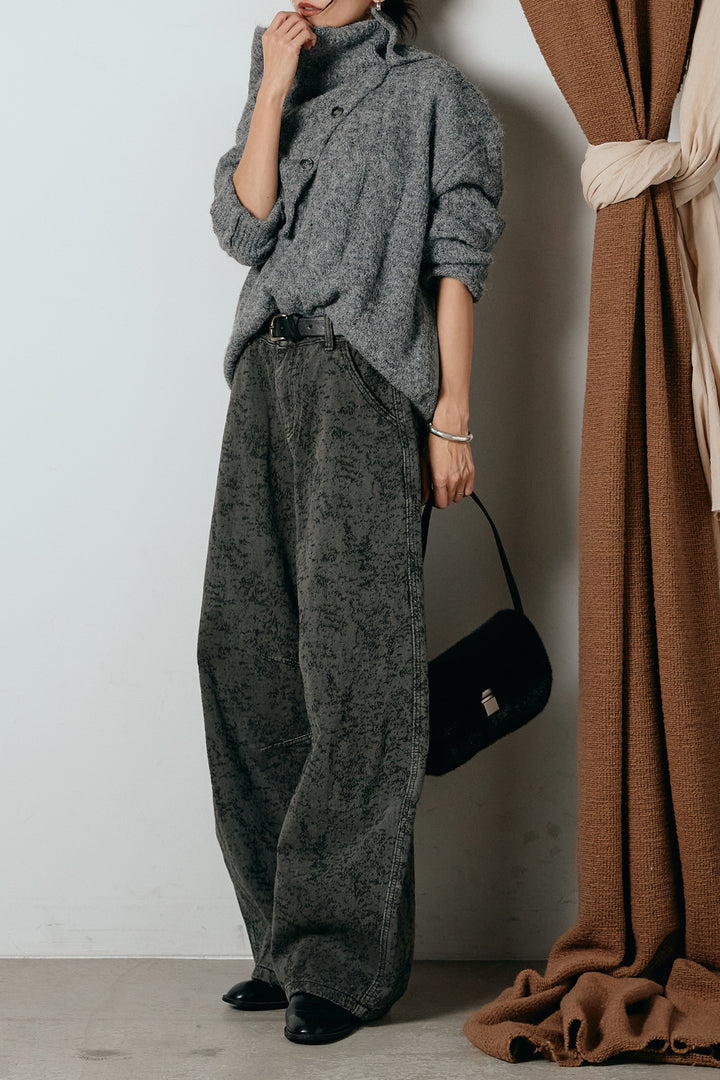 [SET]ケープデザインケーブルニットトップス+ベルト付きニュアンス柄カーブワイドパンツ(2set)