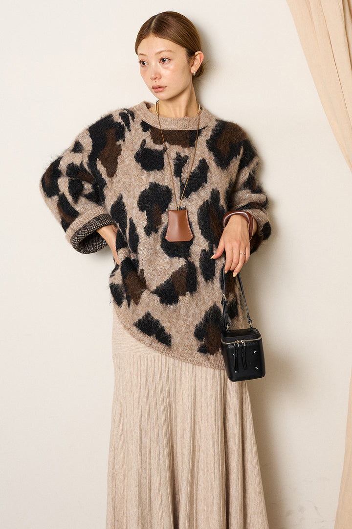 [SET]ルーズアニマルモヘアニットトップス+編み地切り替えフレアニットスカート(2set)