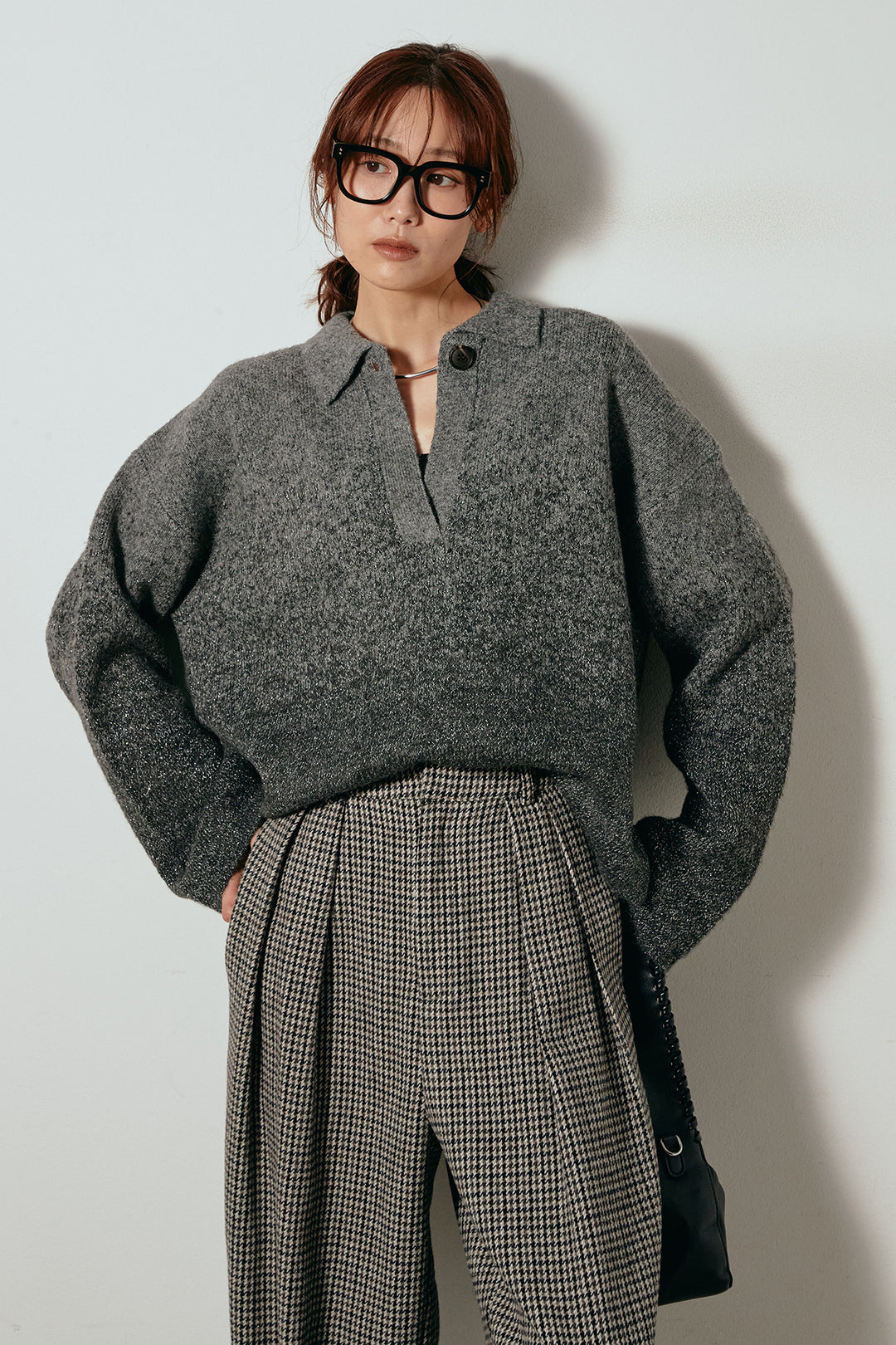 [SET]グラデーションラメニットキーネックプルオーバー+ガンクラブチェックタックパンツ(2set)