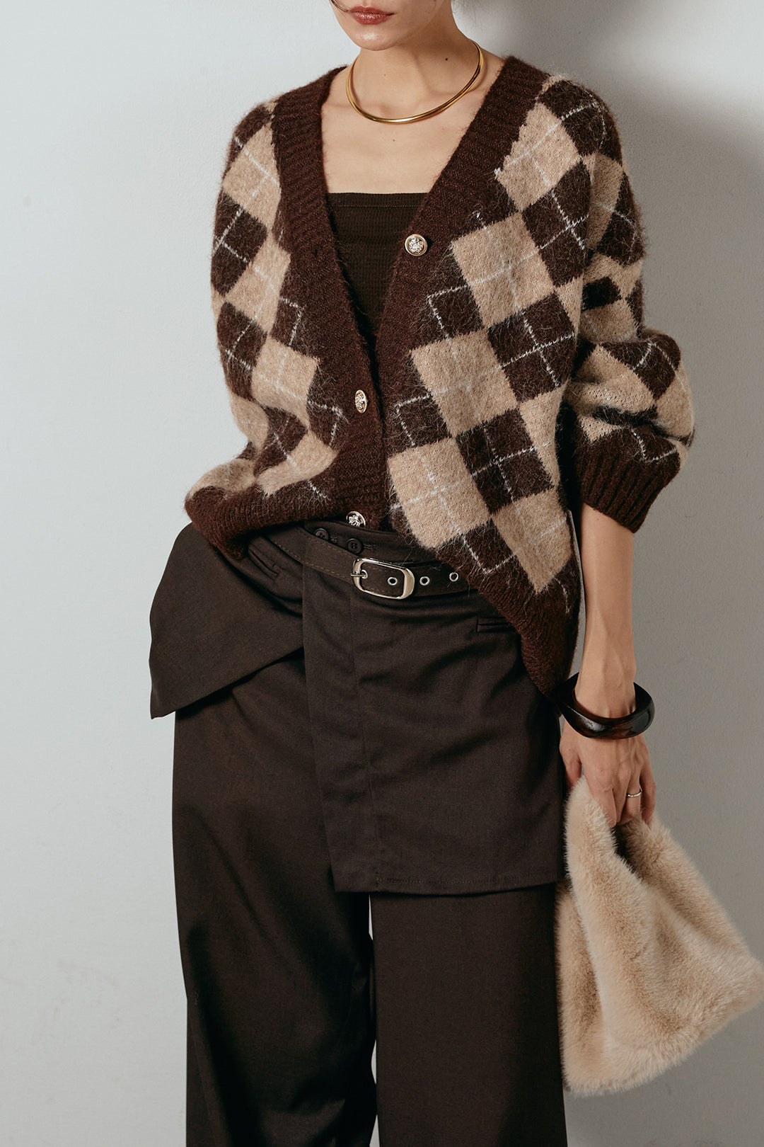 [SET]オーバーサイズ総柄Vネックニットカーディガン+ベルト付きウエストデザインパンツ(2set)