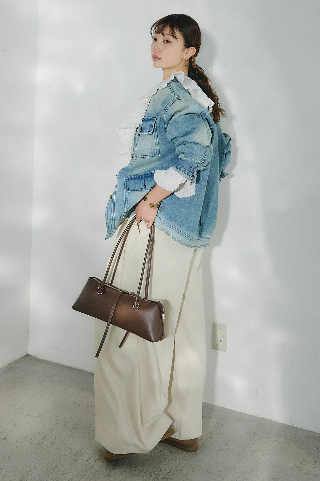 [SET]ノーカラーデニムポケットジャケット+コットンフリルブラウス+ベルト付きタックデザインハイウエストロングパンツ(3set)
