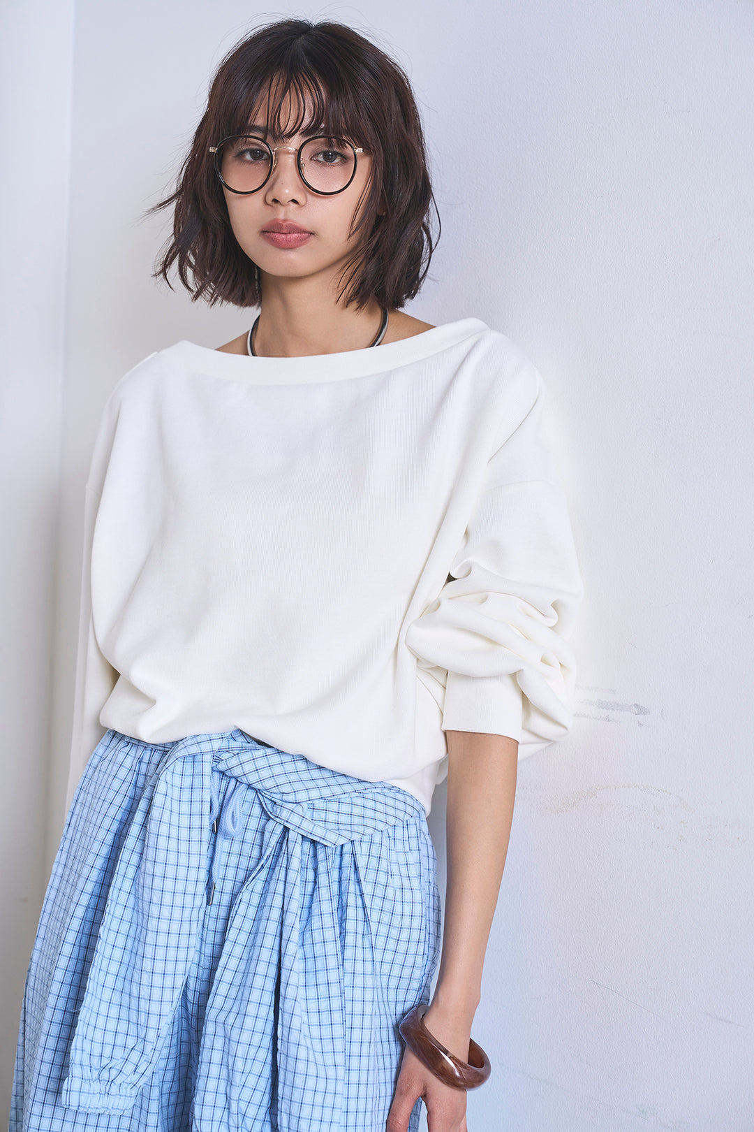 [SET]ワンショルスウェットプルオーバー+チェックウエスト巻きジョガーパンツ(2set)