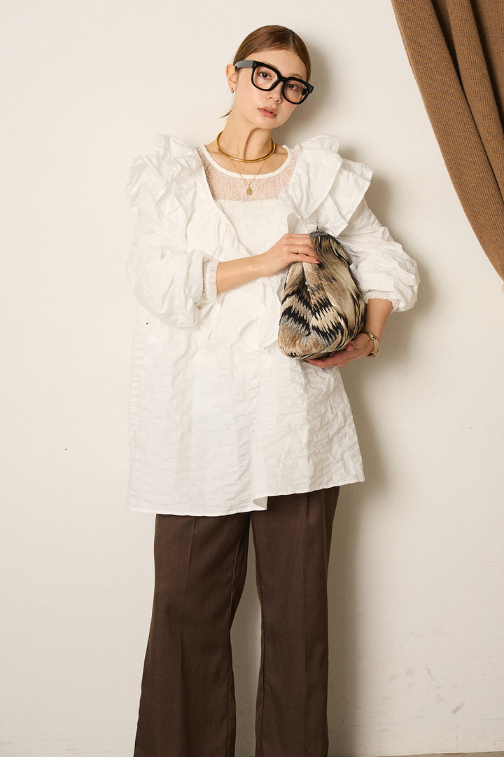 [SET]Vネックフリルカラーブラウス+ツイルスプリングカラータックパンツ+ストレッチレースクルーネックインナー(3set)