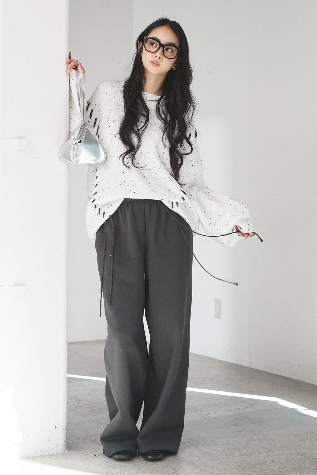 [SET]ネップ編み上げニットトップス+裏起毛スウェットワイドパンツ(2set)