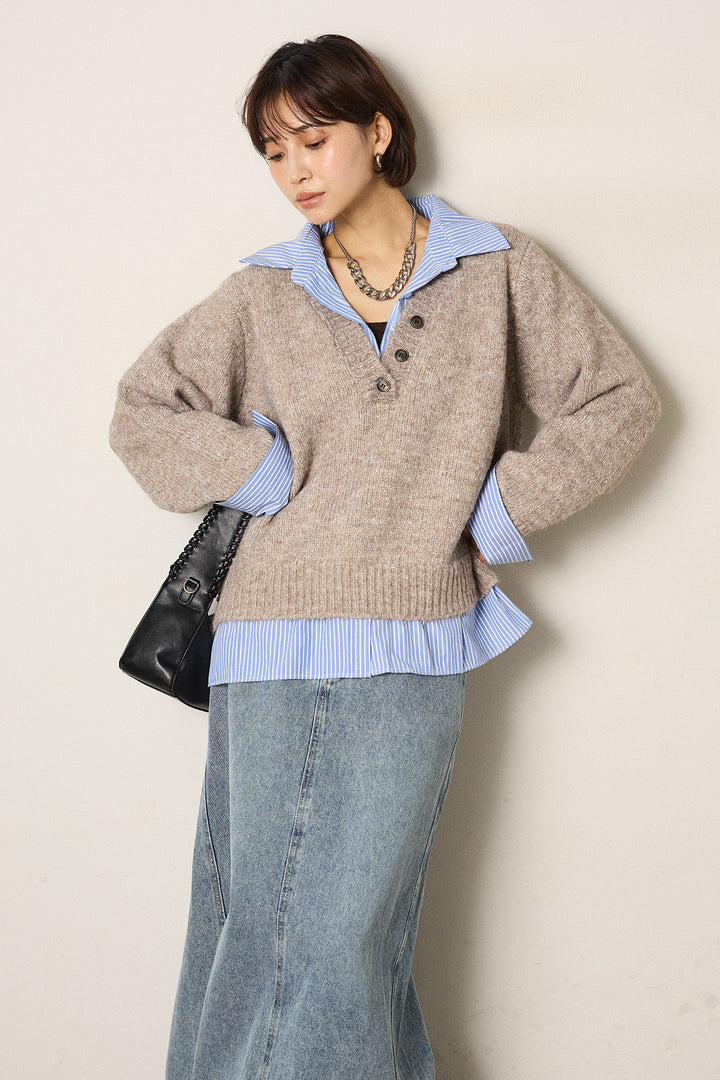 [SET]ストライプシャツドッキングニットポロトップス+デニムロングフレアスカート(2set)