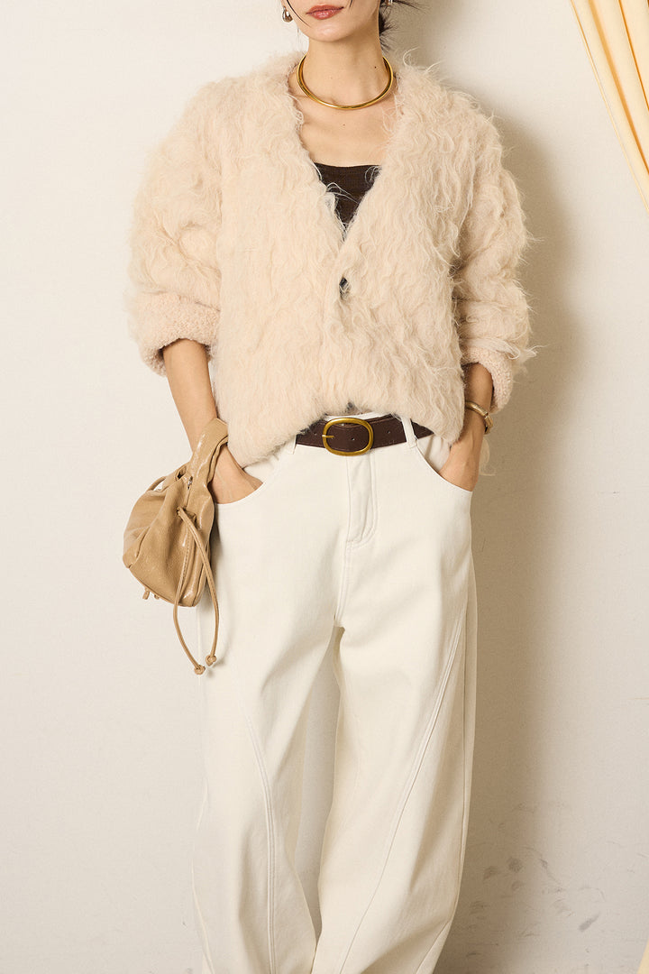 [SET]起毛シャギーニットカーディガン+ベルト付きカジュアルカーブワイドパンツ(2set)