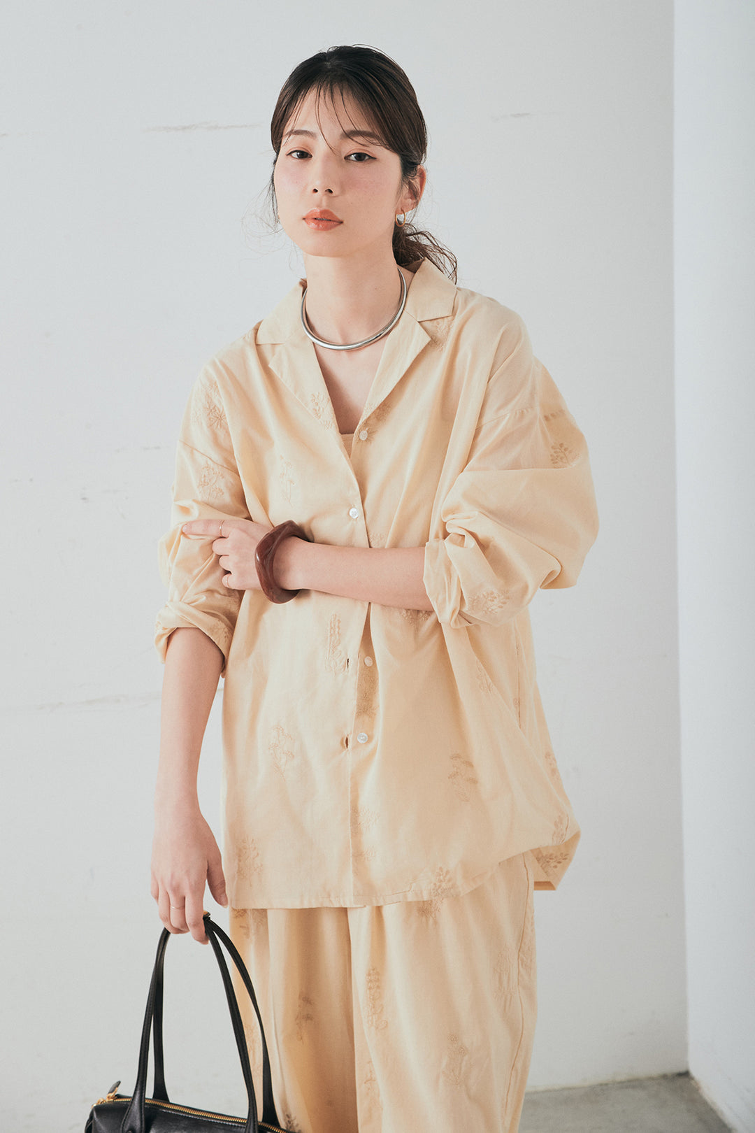 [SET]刺繍ローンオープンカラーシャツ+刺繍ローンタックイージーパンツ(2set)