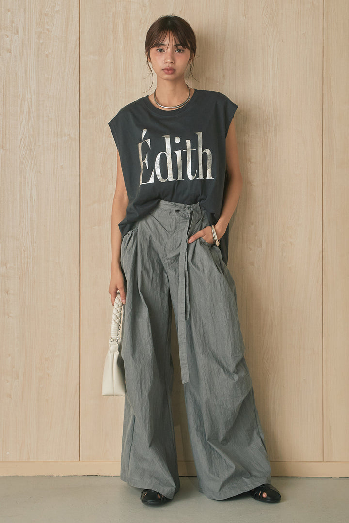 [SET]箔ロゴプリントノースリーブTシャツ+スタッズ付きポケットタックパンツ(2set)