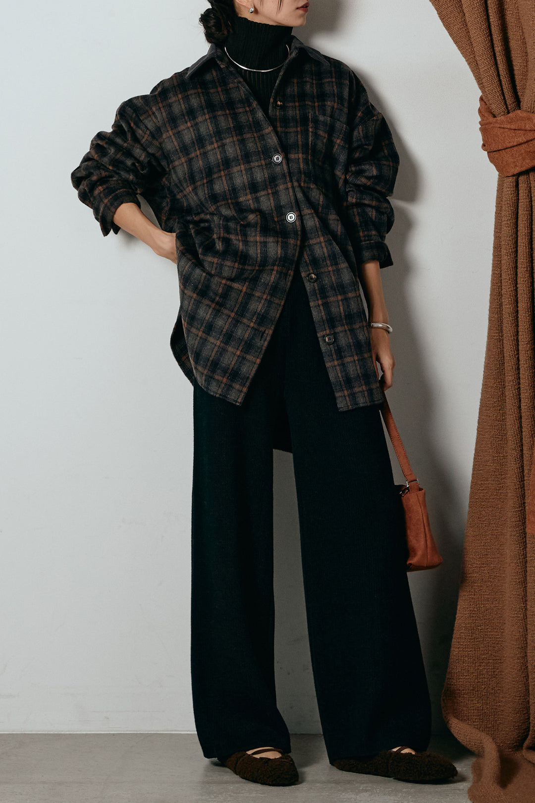 [SET]シャギーチェックシャツジャケット+ワイドリブニットイージーパンツ(2set)