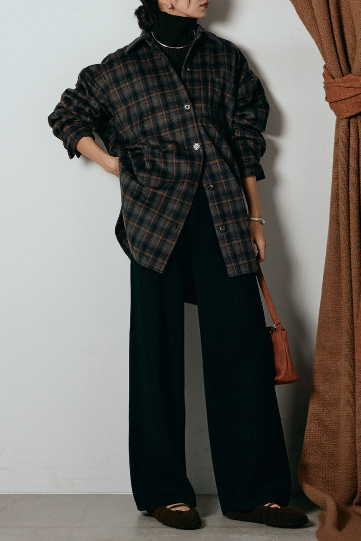 [SET]シャギーチェックシャツジャケット+ワイドリブニットイージーパンツ(2set)