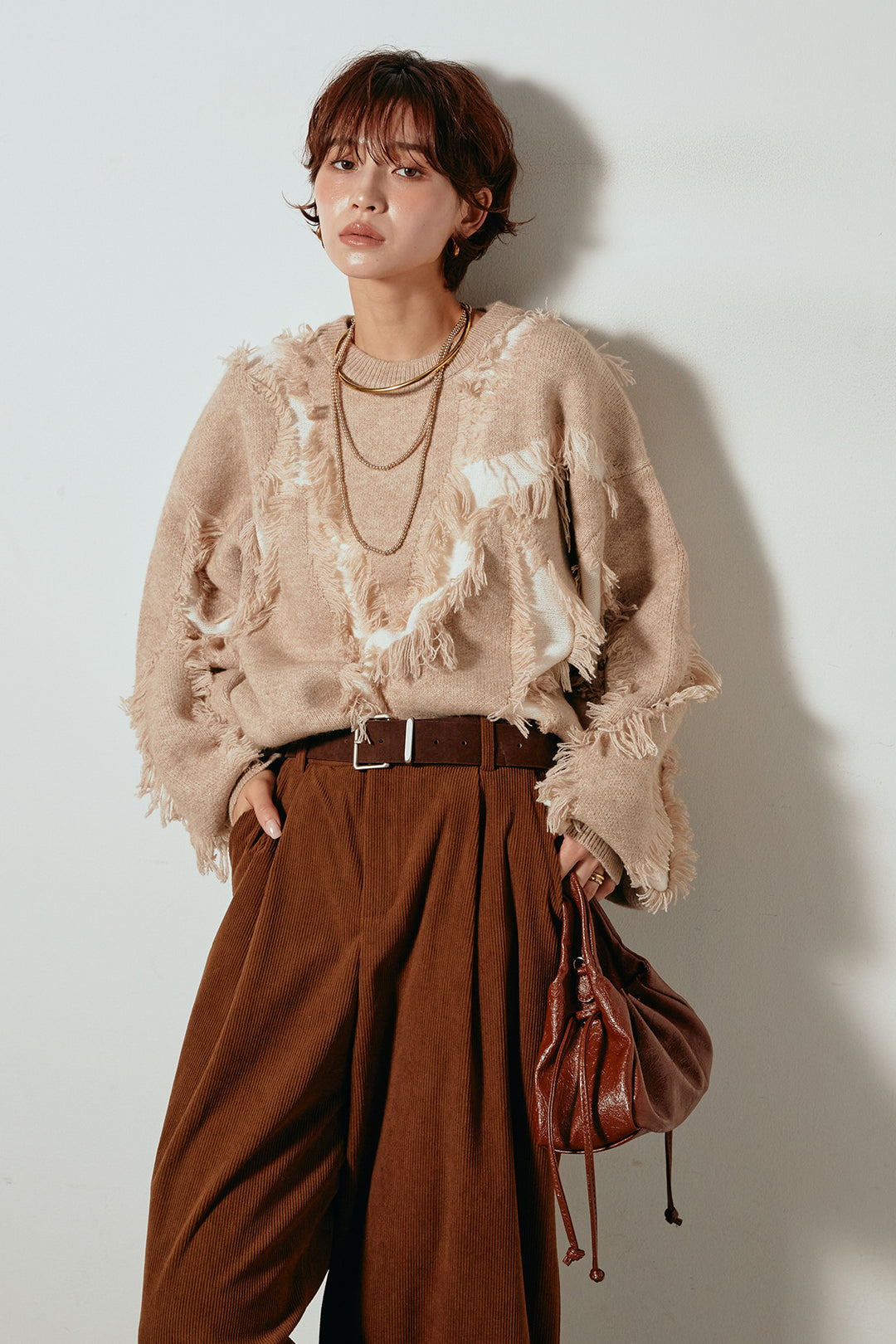 [SET]シャギージャガードニットトップス+太ベルト付きコーデュロイタックパンツ(2set)