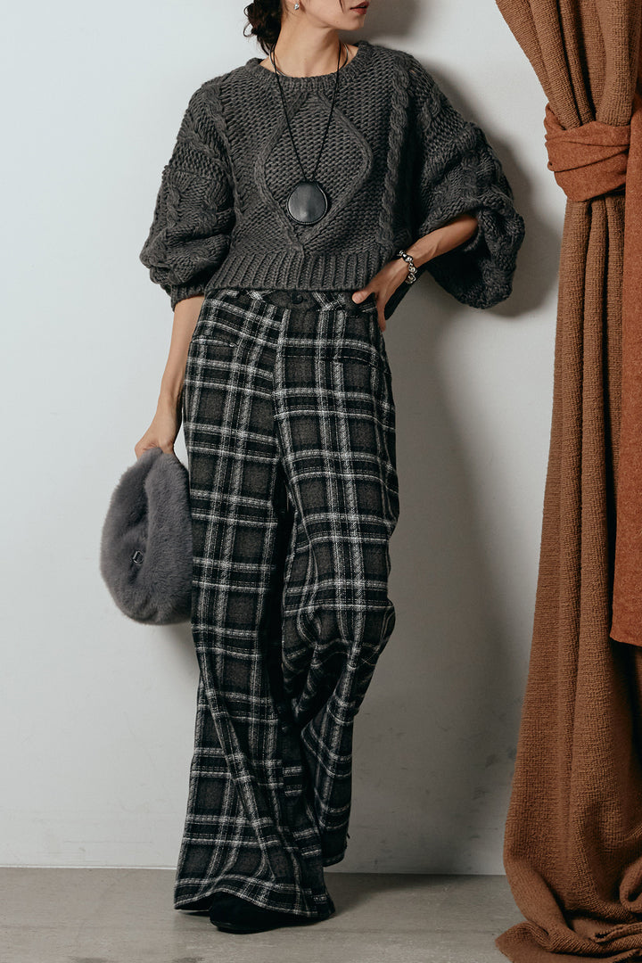 [SET]ロービングケーブルショート丈プルオーバー+ルーズタータンチェックワイドパンツ(2set)