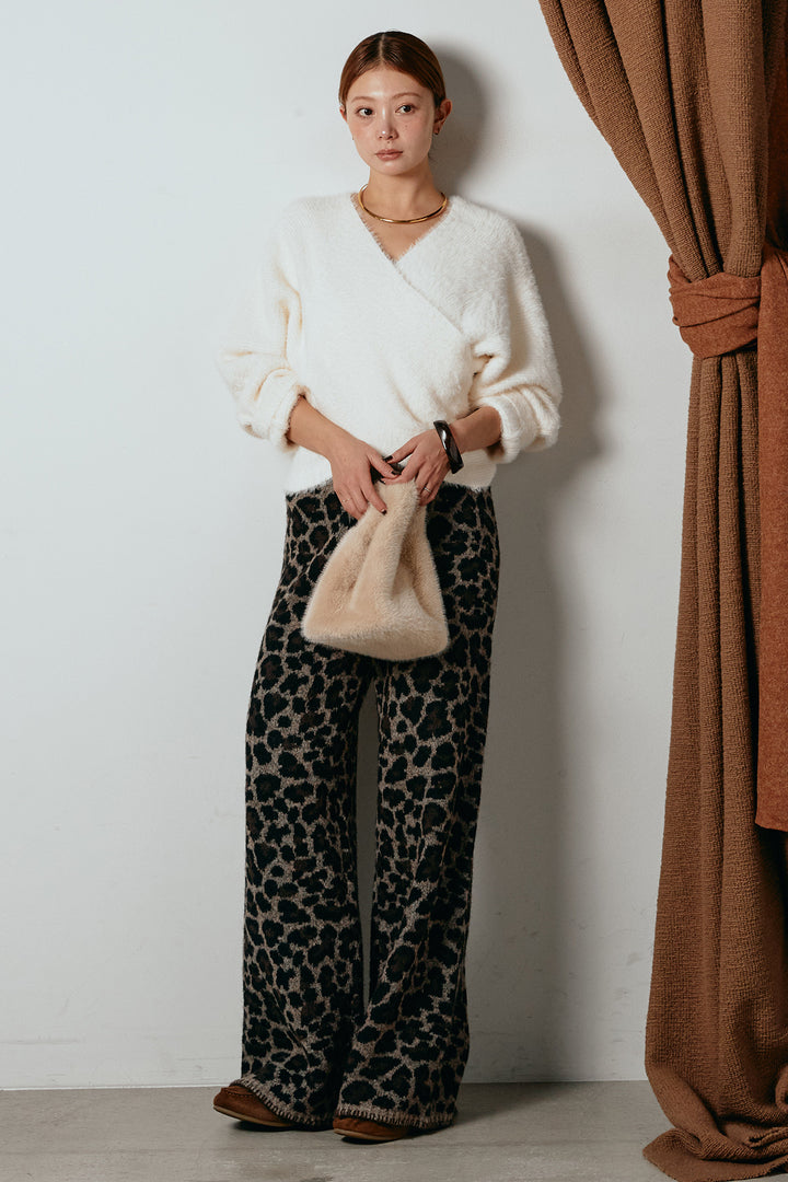 [SET]シャギーカシュクールニットトップス+リラックスレオパード柄ニットパンツ(2set)