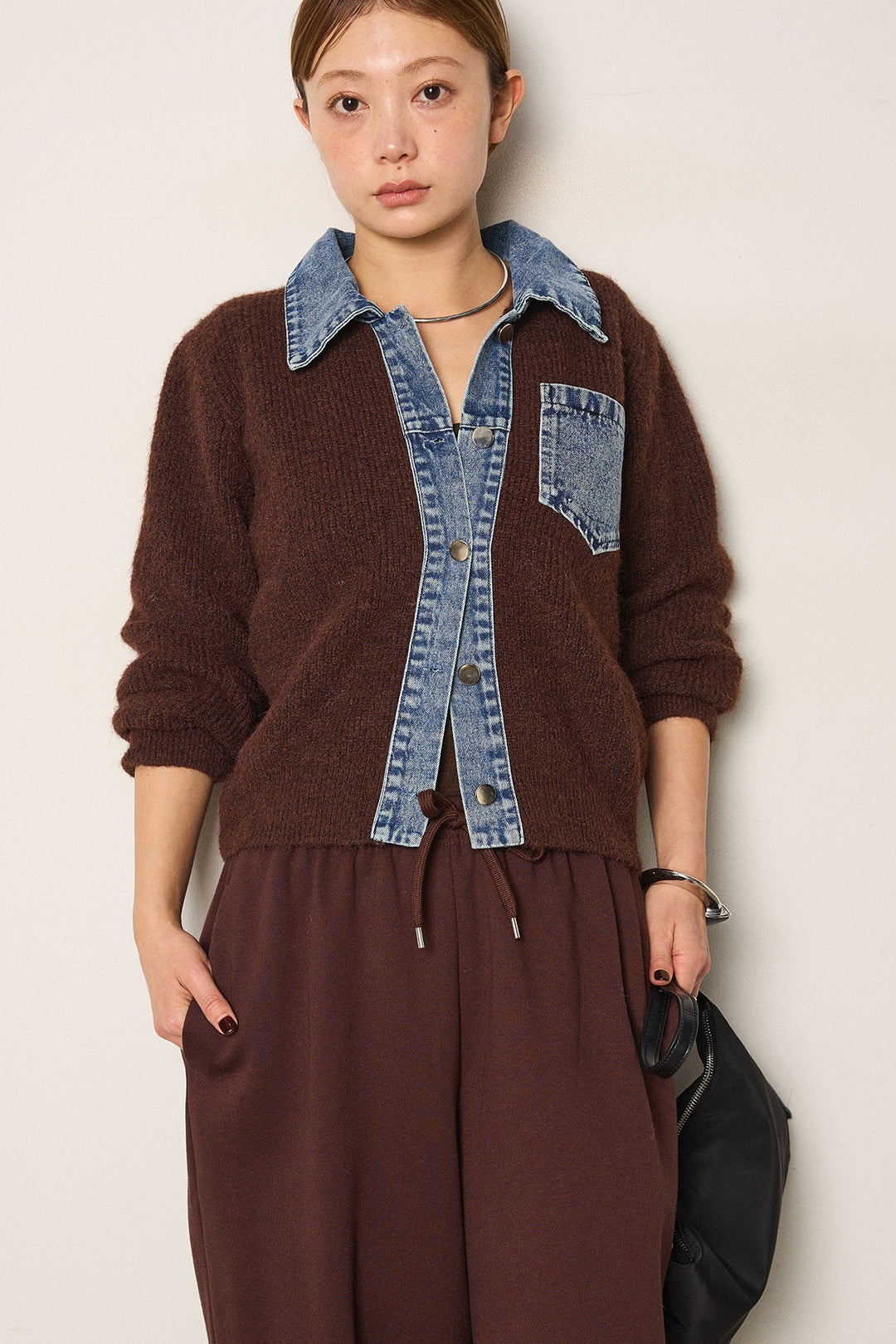 [SET]襟付きデニム切替ニットカーディガン+裏起毛スウェットワイドパンツ(2set)