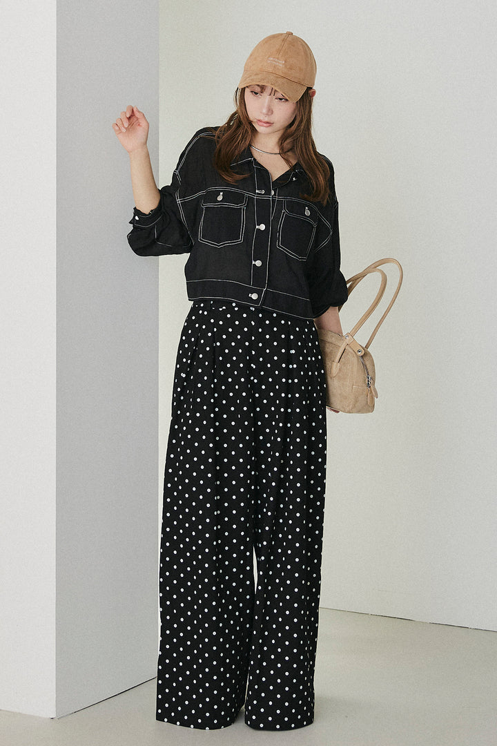 [SET]配色ステッチシアーシャツ+ベルト付きドット柄ワイドパンツ(2set)