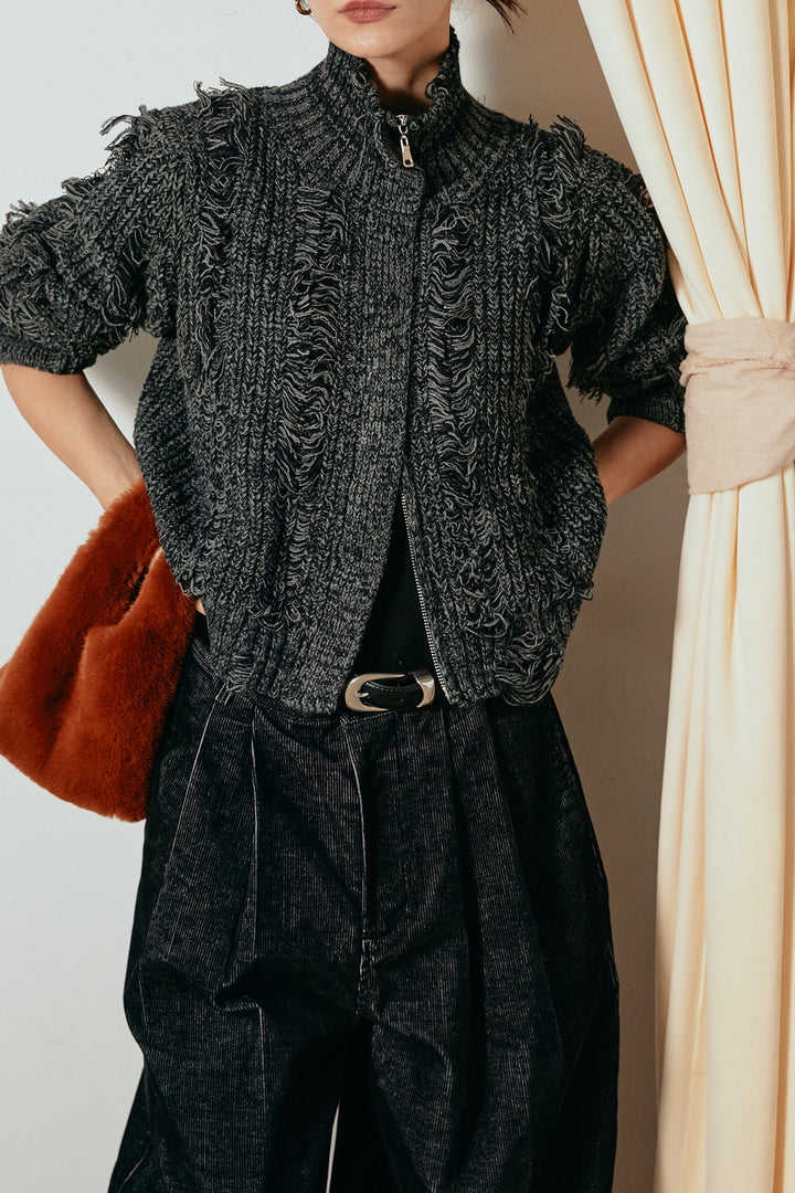 [SET]ハイネックフリンジジップニットトップス+フロントタック入りコーデュロイパンツ(2set)