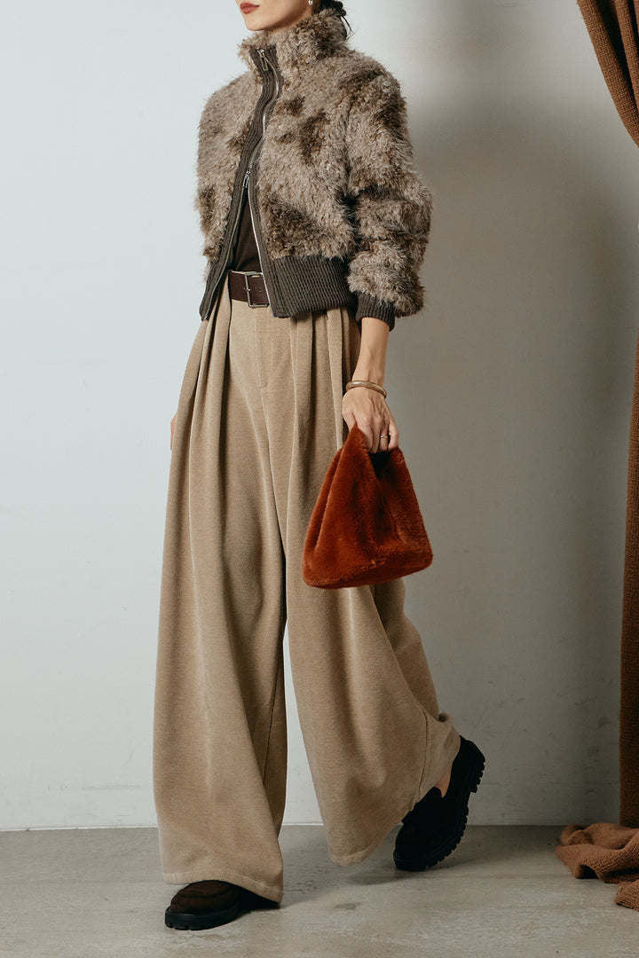 [SET]エコファースタンドカラーニュアンス柄ブルゾン+ベルトループコーデュロイワイドパンツ(2set)