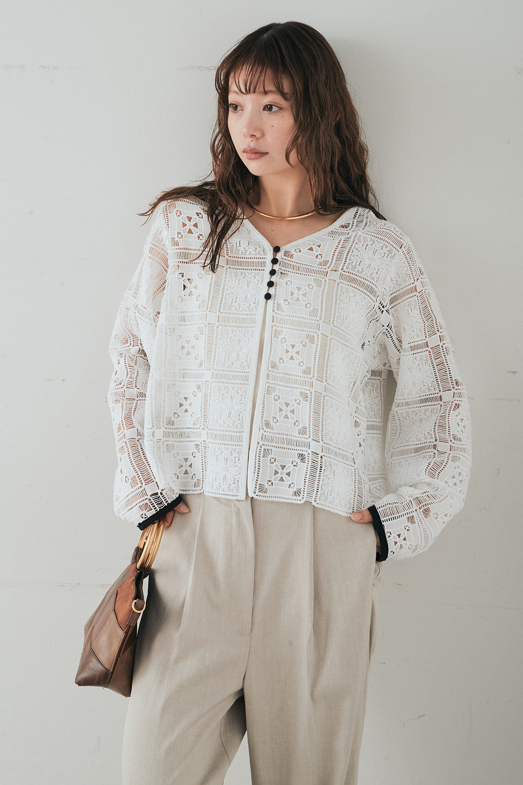 [SET]クロシェレースカーディガン+センタープレスセミワイドパンツ(2set)