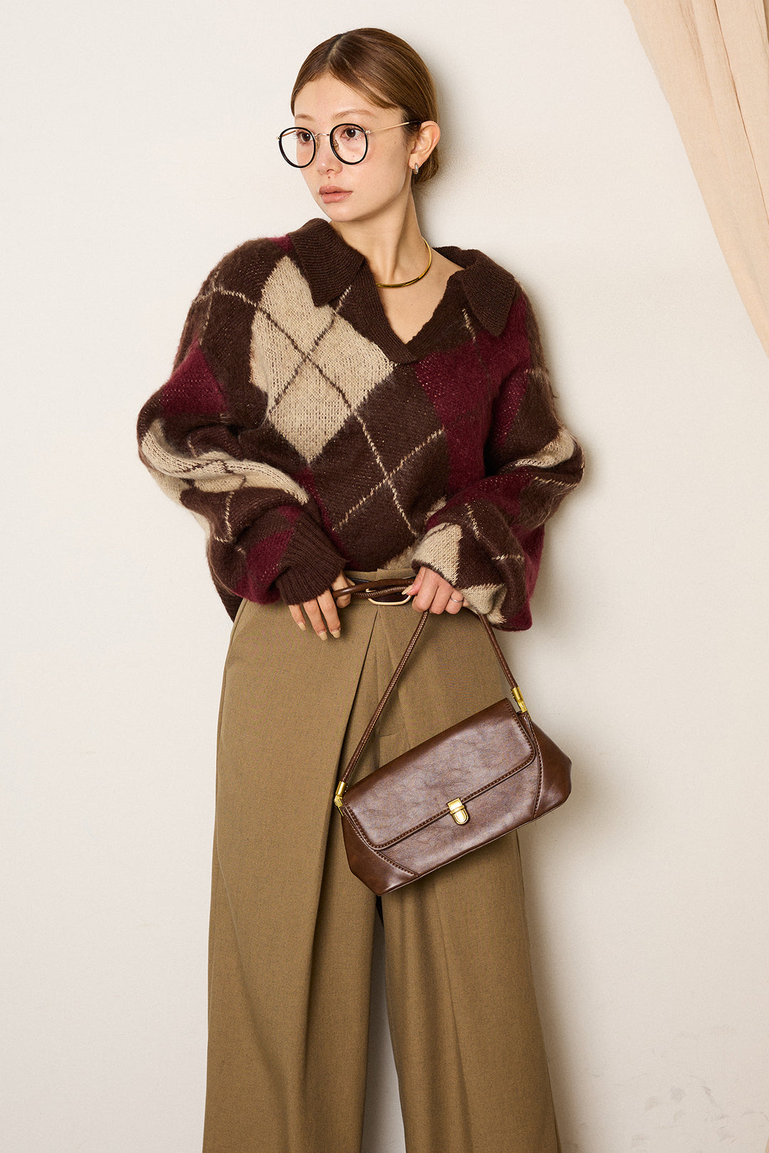 [SET]アクリルモヘアアーガイルキーネックプルオーバー+フロントワイドタックネップ入ワイドパンツ(2set)