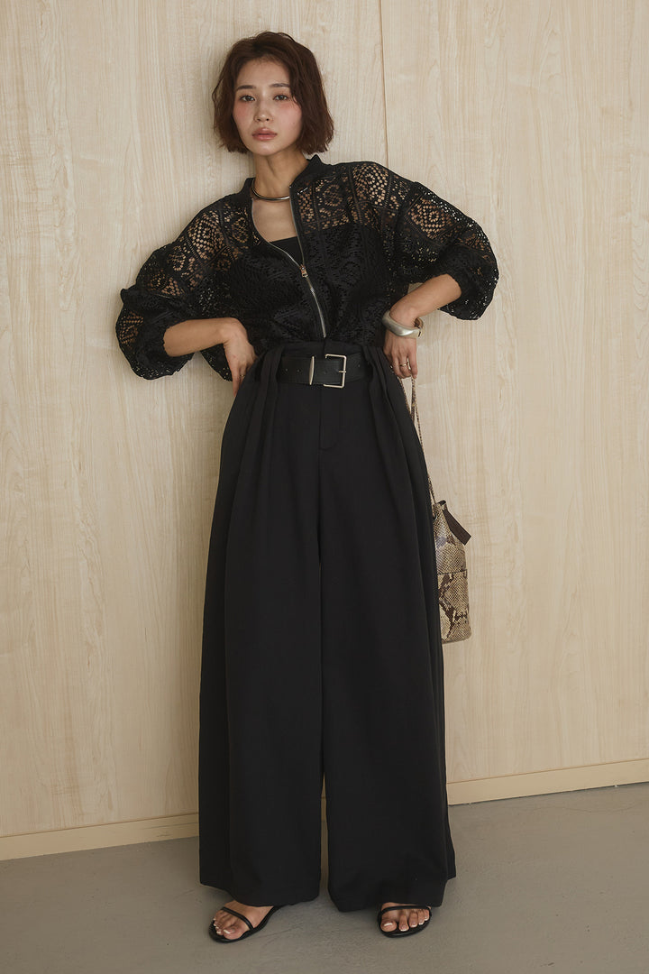 [SET]幾何レースブルゾン+ベルト付きビックループワイドパンツ(2set)