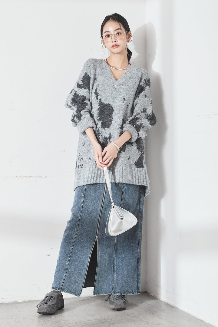 [SET]アブストラクト柄ニットプルオーバー+フロントジップデニムスカート(2set)