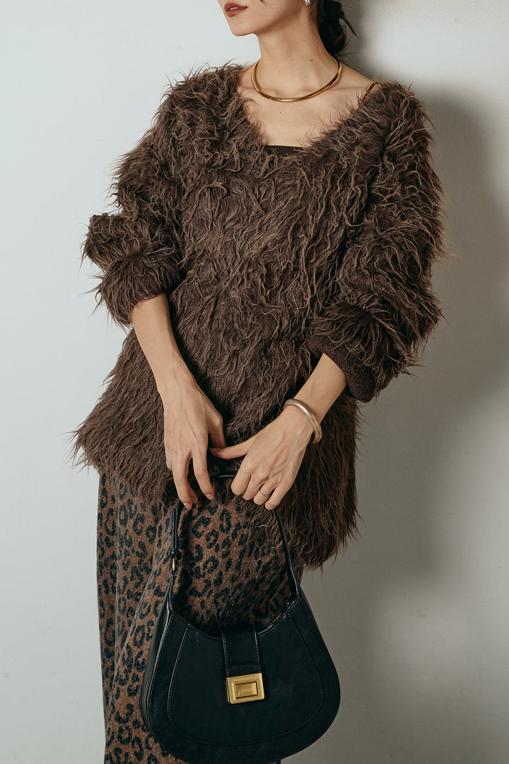 [SET]深Vネックシャギーニットトップス+リラックスレオパード柄ワイドパンツ(2set)