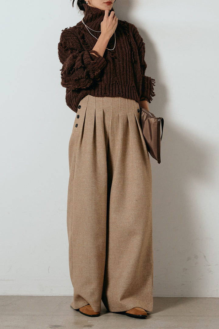 [SET]フリンジタートルショートニット+サイドボタンツイードタックパンツ(2set)