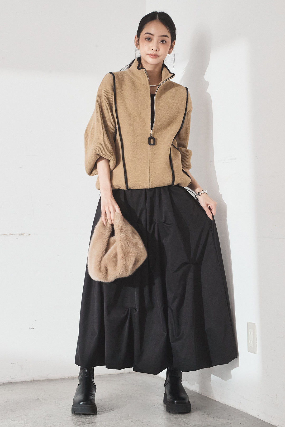 [SET]ハイネックパイピングデザインブルゾン+ランダムタックバルーンスカート(2set)