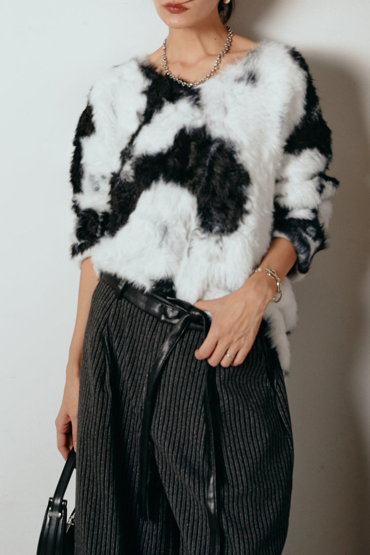 [SET]タイダイ柄シャギーニットトップス+レザーライク配色ストライプパンツ(2set)