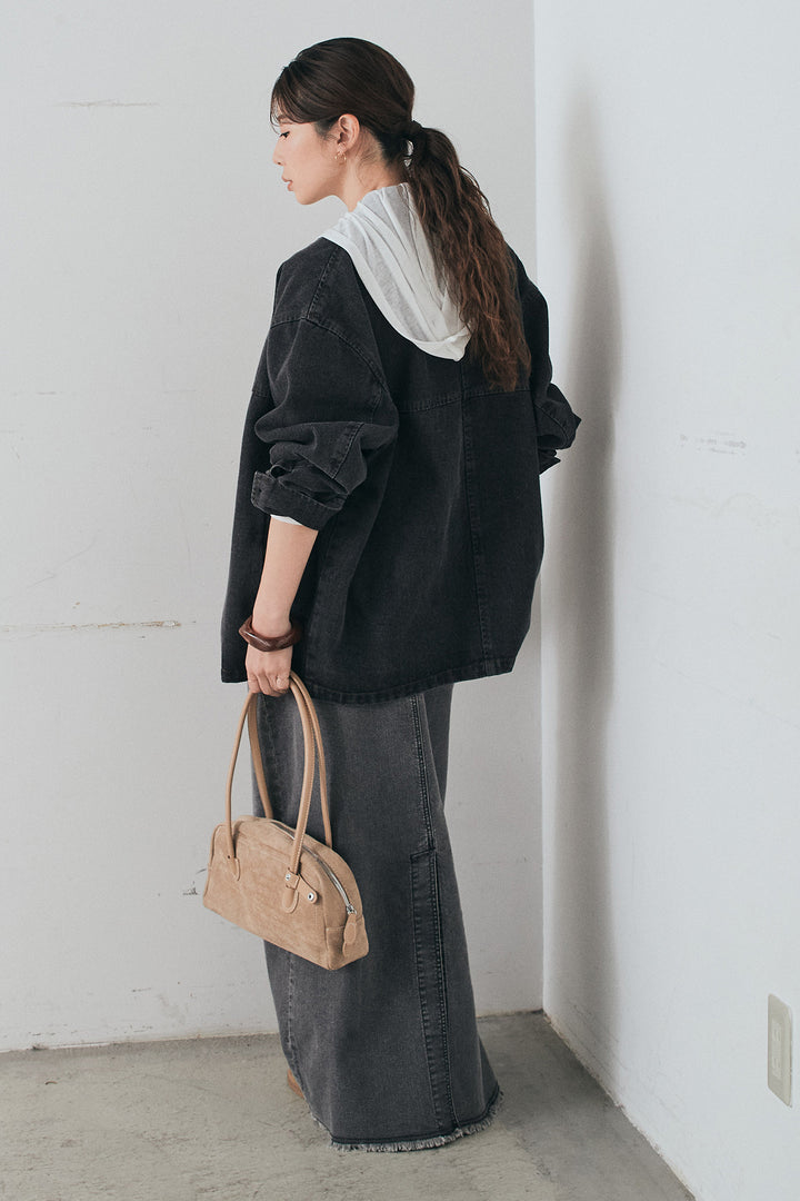 [SET]オーバーデニムジャケット+ウエストクロスデニムタイトスカート+シアーリブフーディプルオーバー(3set)