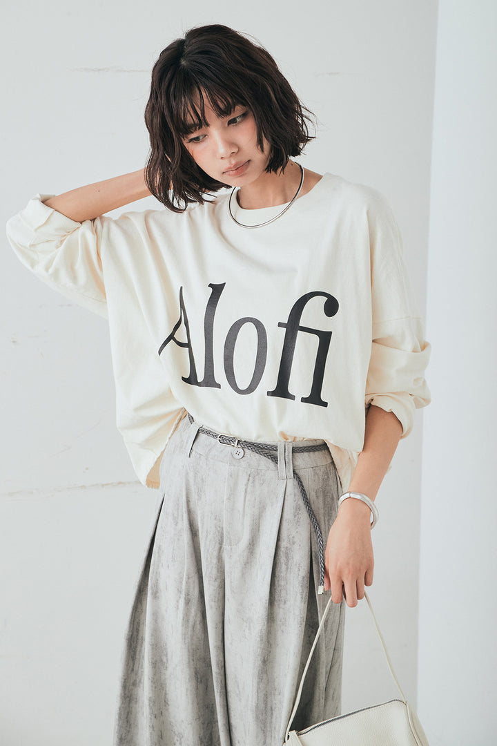 [SET]裾センタードロストロゴプリントワイドTシャツ+紐ベルト付きかすれ柄ワイドスラックス(2set)