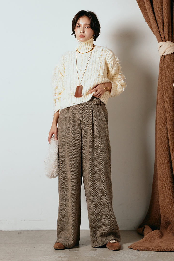 [SET]フリンジタートルショートニット+クラシックヘリンボーンサロペット(2set)