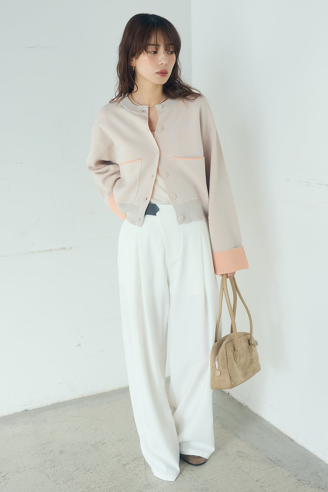 [SET]レーヨンポリダブルフェイスカーディガン+サイドベルトタック入りスラックス(2set)